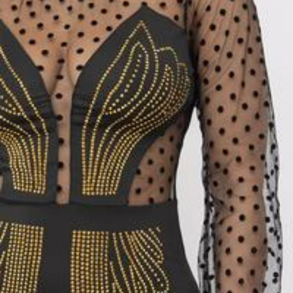 Black Gold Studded Bodysuit Corset Silhouette over Delicate Swiss Dot S/M/L/XL - Picture 5 of 10